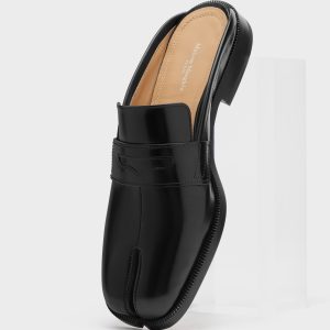 Women's Black Leather Tabi City Loafer Mules