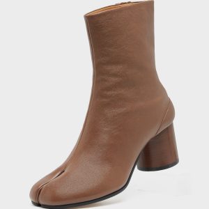 Women's Brown Leather Mid-Heeled Tabi Chelsea Boots