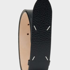 Black Calf Leather Four Stitches Belt