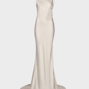Ivory Hammered Satin Flared Maxi Dress