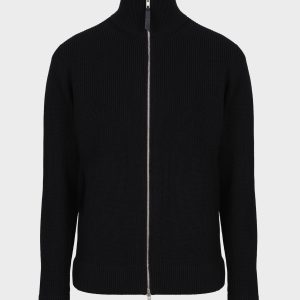 Men's Black Cotton & Wool Knit Zip-Up Cardigan